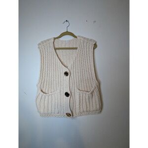 Cream Knit Button Front Vest Pockets V Neck Sleeveless Chunky Knit Size S